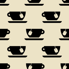 Icono plano patrón con taza de te sobre fondo beige
