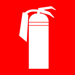 Fire extinguisher sign. White silhouette of a fire extinguisher on a red background. Attention icon in the red square. You can simply change color and size. Stock Vector Illustration