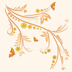 Fototapeta na wymiar Floral ornament with butterflies on beige background. Flower Illustration Elements. Beautiful card with tree branches, foliage, butterfly and fantastic flowers. Ornamental element for design. Vector