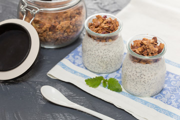 chia seed pudding with granola in a glass jar