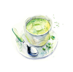 Vegetarian menu. Cream soup from broccoli. Food composition. Watercolor hand drawn illustration