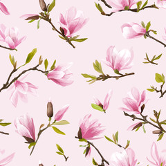 Fototapeta premium Seamless Floral Pattern. Magnolia Flowers and Leaves Background.