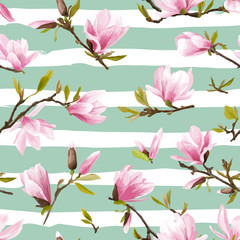 Naklejka na ściany i meble Seamless Floral Pattern. Magnolia Flowers and Leaves Background.