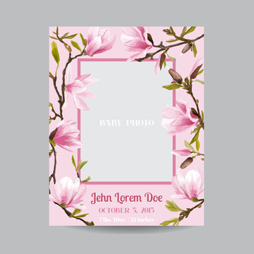 Baby Arrival or Shower Card - with Photo Frame and Floral Magnolia