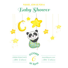 Baby Shower or Arrival Card - Baby Panda Catching Stars - in vector