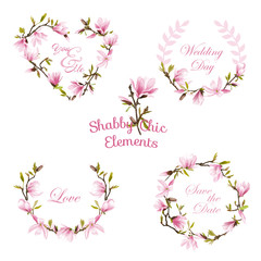 Flower Magnolia Banners and Tags. Floral Wreath. Vector Set.