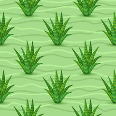 Succulents seamless pattern. Vector illustration with aloe-vera, green wave, light green background