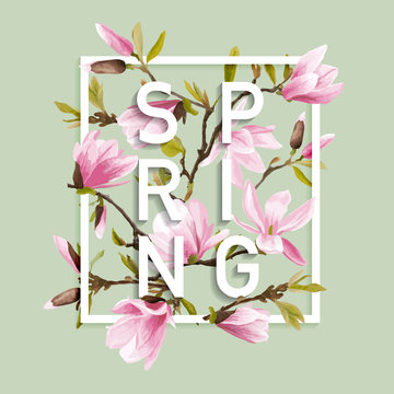 Floral Spring Graphic Design - with Magnolia Flowers - for t-shirt