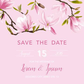 Wedding Invitation Card - with Floral Magnolia Blossom Background