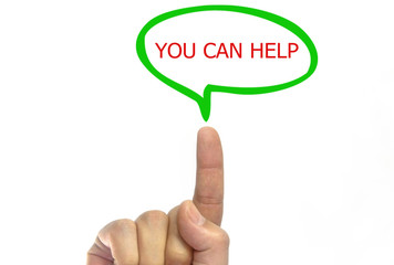 Hand writing you can help with green talking bubble on transparent wipe board