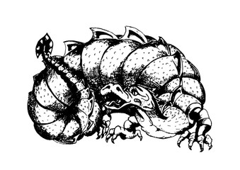 Black and white engraving of a dragon