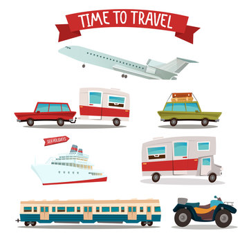 Travel Transportation Set. Camper and Car. Train and Plane. ATV Motorcycle