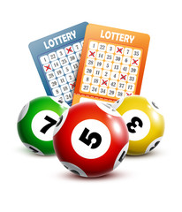 Bingo or lottery balls and tickets isolated on white background.