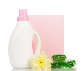 Dry and liquid detergents with flower on white