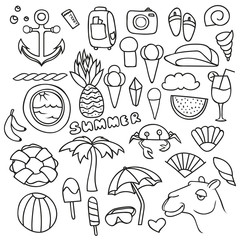 Set of isolated objects palm and ball, a lifeline and an umbrella , ice cream and watermelon cocktail wear a cap and slippers , a camera and a backpack . Summer theme. Background with summer elements.