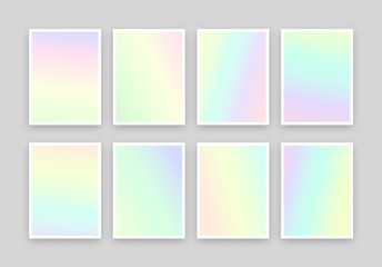Obraz premium Set of 6 realistic holographic backgrounds in different colors for design. Hologram to create trendy modern design. Backgrounds for design cards, filling silhouettes, pattern design to printing.