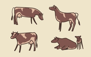 Cow set. Cows, bull and calf. Vector illustration.