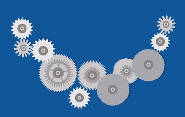 Vector gray steel gears on blue background. Cogwheels connection.