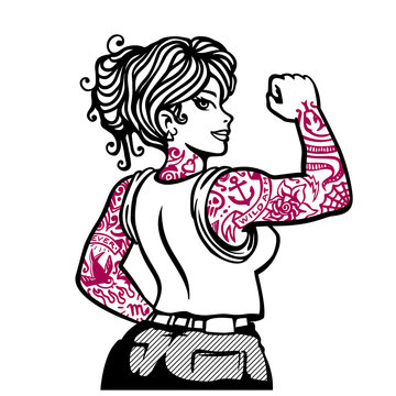 Full body tattooed girl, old school tattoo inked woman vector illustration