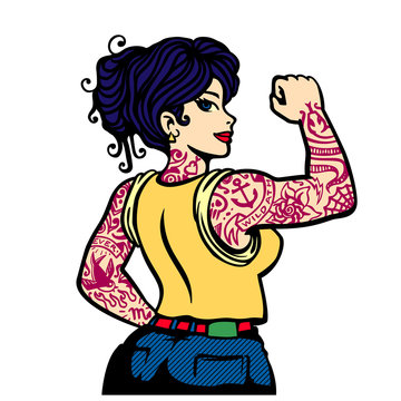 Pin-up bad girl with full sleeve tattoo arms vector illustration, full body tattooed woman inked