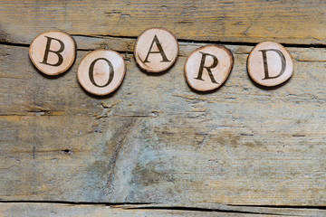 wooden slices on wooden table, word board