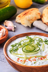 Greek salad tzatziki of cucumber, yogurt , olive oil, garlic.