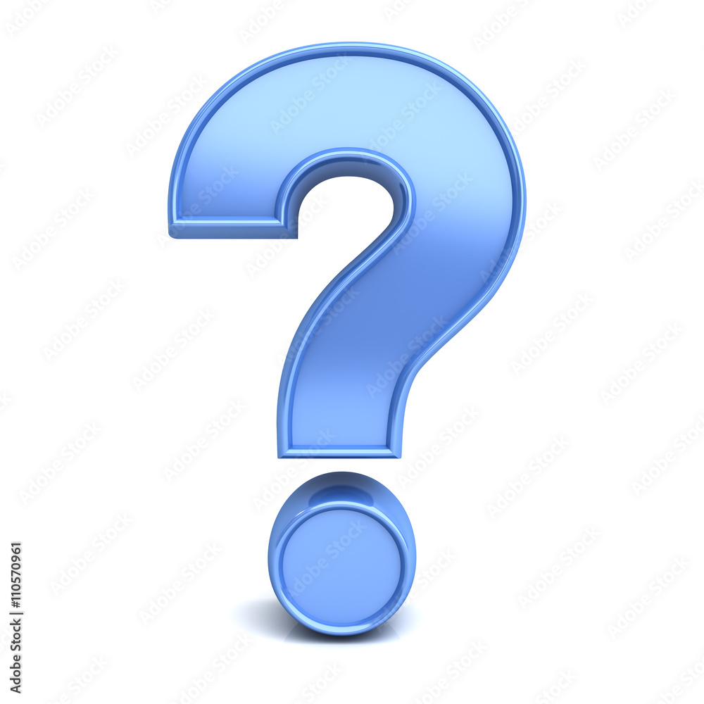 Poster Blue question mark isolated over white background with reflection and shadow. 3D rendering.