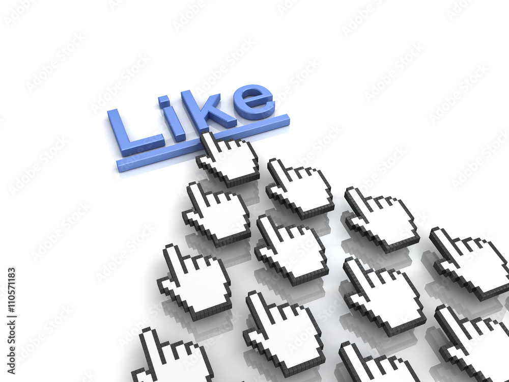 Aufkleber Like concept many hand cursors mouse clicking like button or link on white background with reflection. 3D rendering.