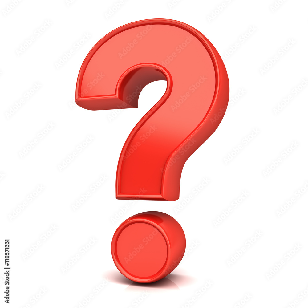 Poster red question mark isolated over white background with reflection and shadow. 3d rendering.