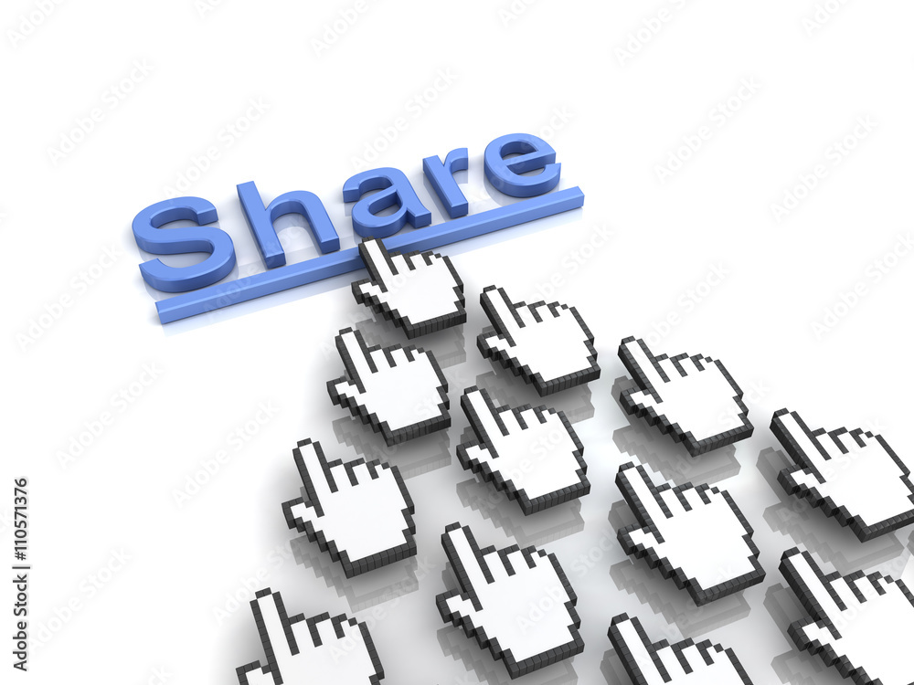 Aufkleber Share concept many hand cursors mouse clicking share button or link on white background with reflection. 3D rendering.