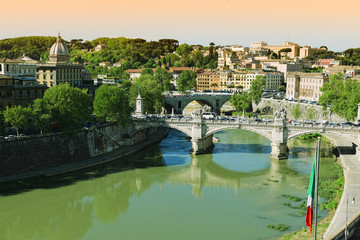 Fototapeta premium view of bridge and river Tiber