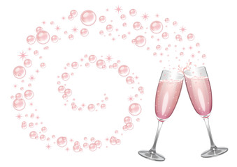 Pink Champagne with bubbles and stars 