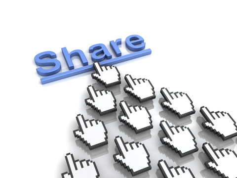 Share concept many hand cursors mouse clicking share button or link on white background with reflection. 3D rendering.