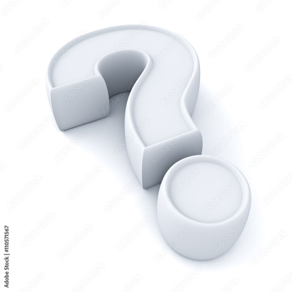 Poster white question mark isolated over white background with shadow. 3d rendering.