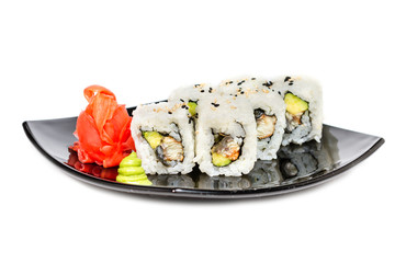 traditional fresh japanese sushi rolls on a white