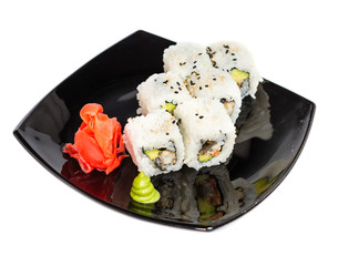 traditional fresh japanese sushi rolls on a white