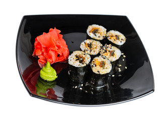 traditional fresh japanese sushi rolls on a white