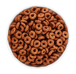 Bowl with chocolate corn rings isolated on white background. Cer