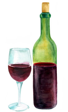 Watercolor drawing of bottle and glass of red wine