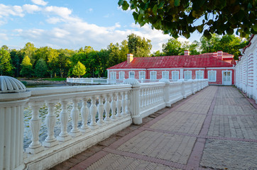Old stone terrace with balustrade of the Palace of Monplaisir on the sea.