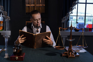 Scientists are studying science in the old office with solutions, reagents, textbooks