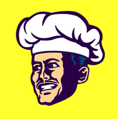 vector chef face with cook hat and mustache, smiling cook man portrait illustration