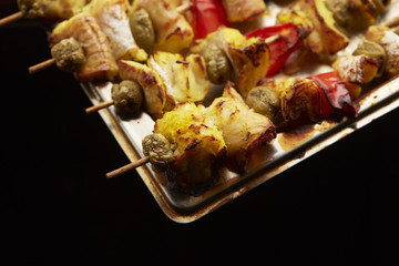 appetizer skewers the fish with vegetables, olives
