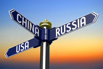 Crossroads sign - Usa, Russia and China