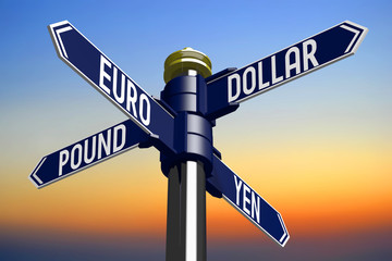 Crossroads sign - currencies