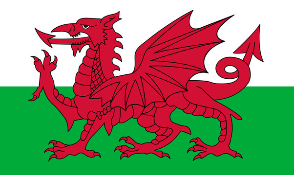 Wales flag, red dragon on the white and green, vector illustration