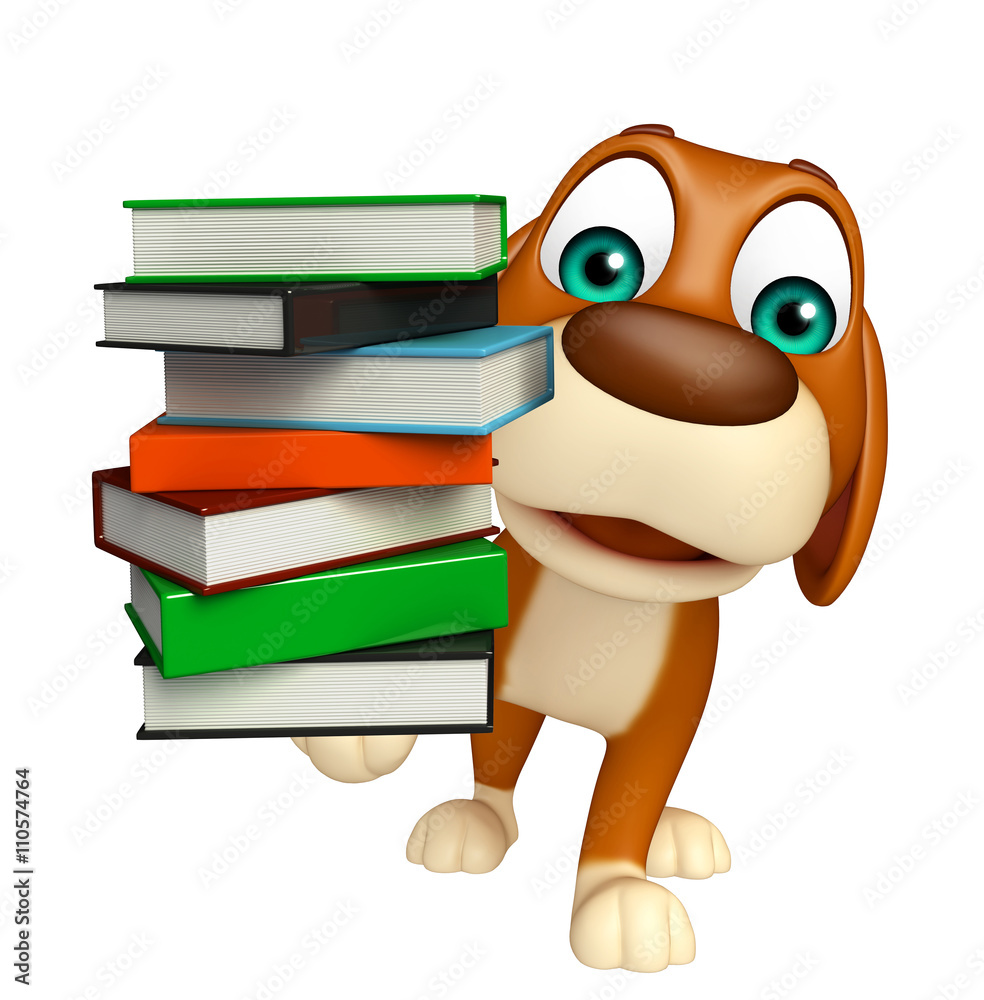 Poster fun  Dog cartoon character  with book stack