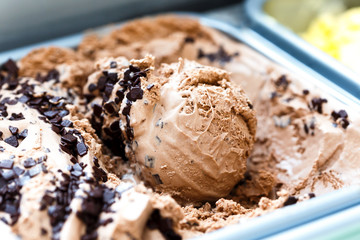 Scoop of chocolate chip ice cream sitting in ice cream.
