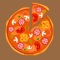 Pizza with separated slice with toppings of onions, green olives