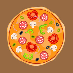 Whole pizza with toppings of onions, black and green olives, mushrooms, tomatoes, green bell peppers, salami or pepperoni. Vector Illustration
